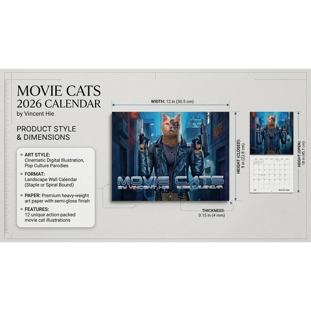 Movie Cats 2026 Wall Calendar Vincent Hie Film Parody 12 Month Wall Decor New